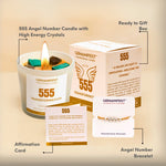 Gemanifest 555 angel number candle set with packaging, card, and bracelet on a beige background.
