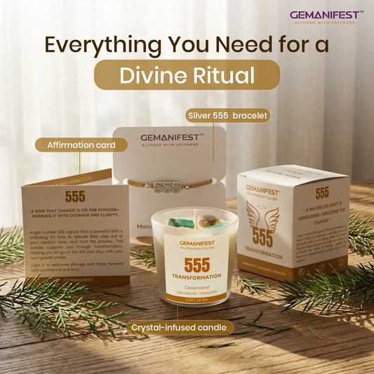 Gemanifest 555 Transformation candle with product details on a neutral background