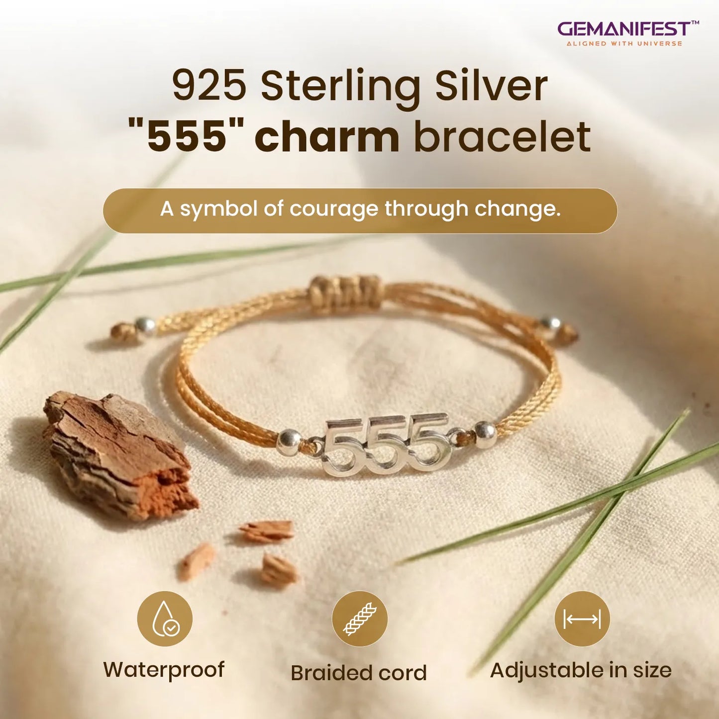 925 Sterling Silver '555' charm bracelet on a natural background with text about its features.