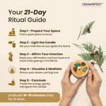 21-Day Ritual Guide with candle and hands holding it, featuring GEMANIFEST branding.