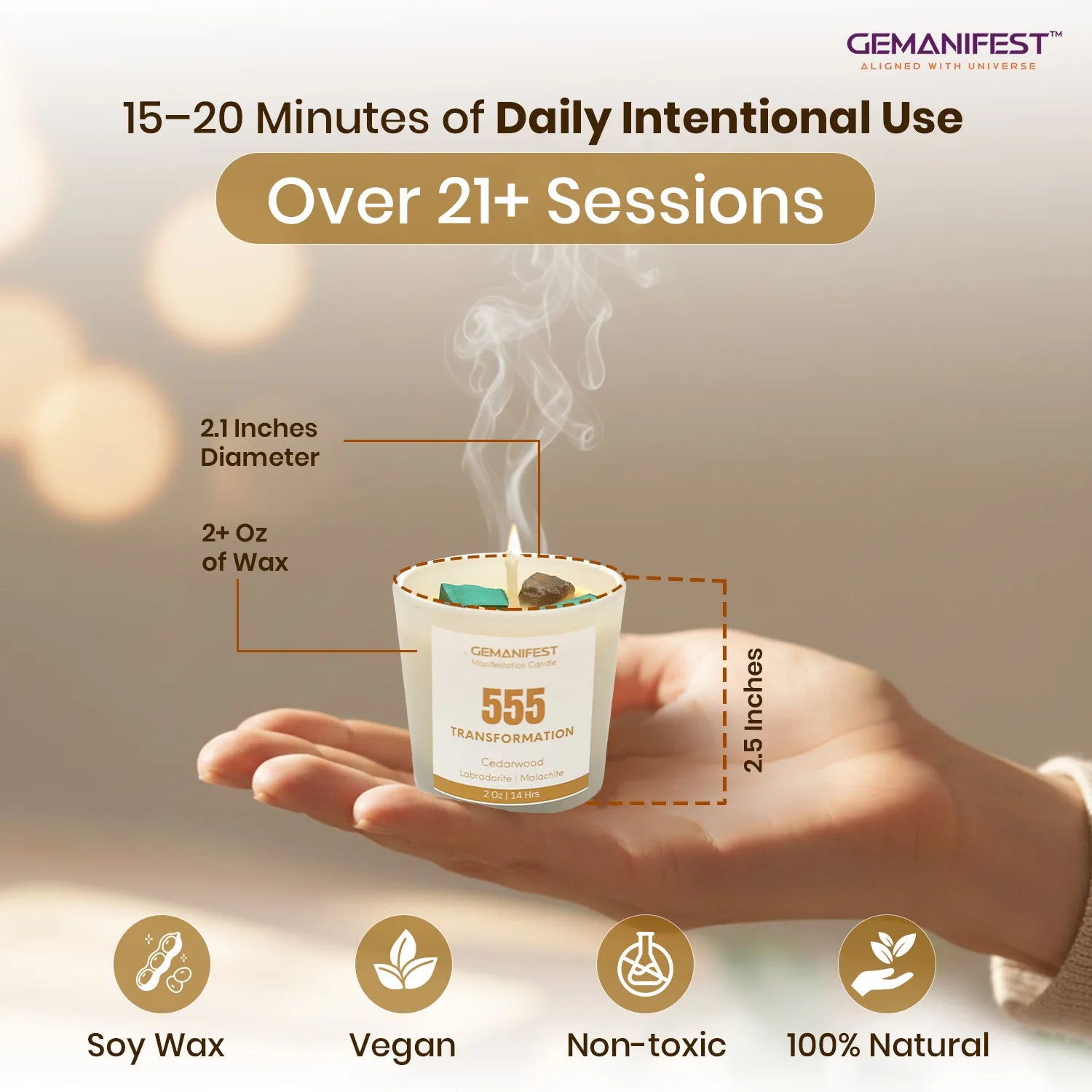 Gemanifest candle held in a hand with product details and branding.