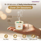 Gemanifest candle held in a hand with product details and branding.