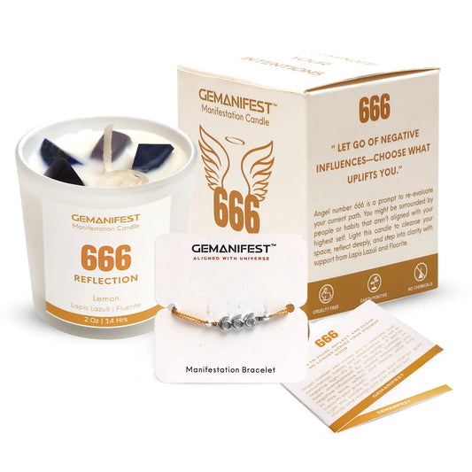 Candle with 'GEMANIFEST' branding on a surface with icons and text about soy wax, essential oil, and burn time.
