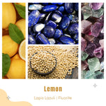 Collage of candle ingredients, lemon essential oil, lapis lazuli crystals, soybean for soy wax, and fluorite crystals with text 'Lemon', 'Lapis Lazuli', and 'Fluorite'.