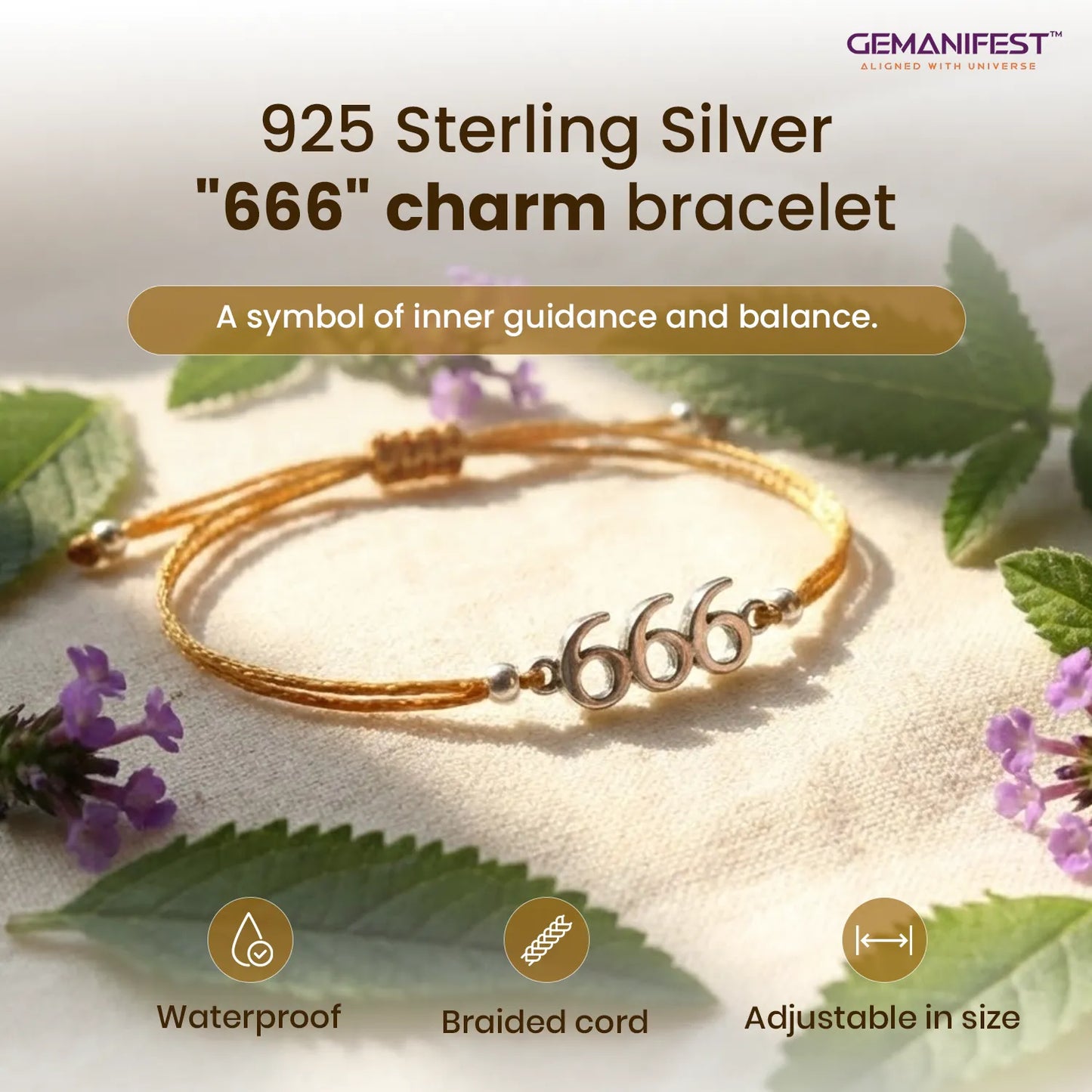 925 Sterling Silver '666' charm bracelet with green leaves and purple flowers on a light background