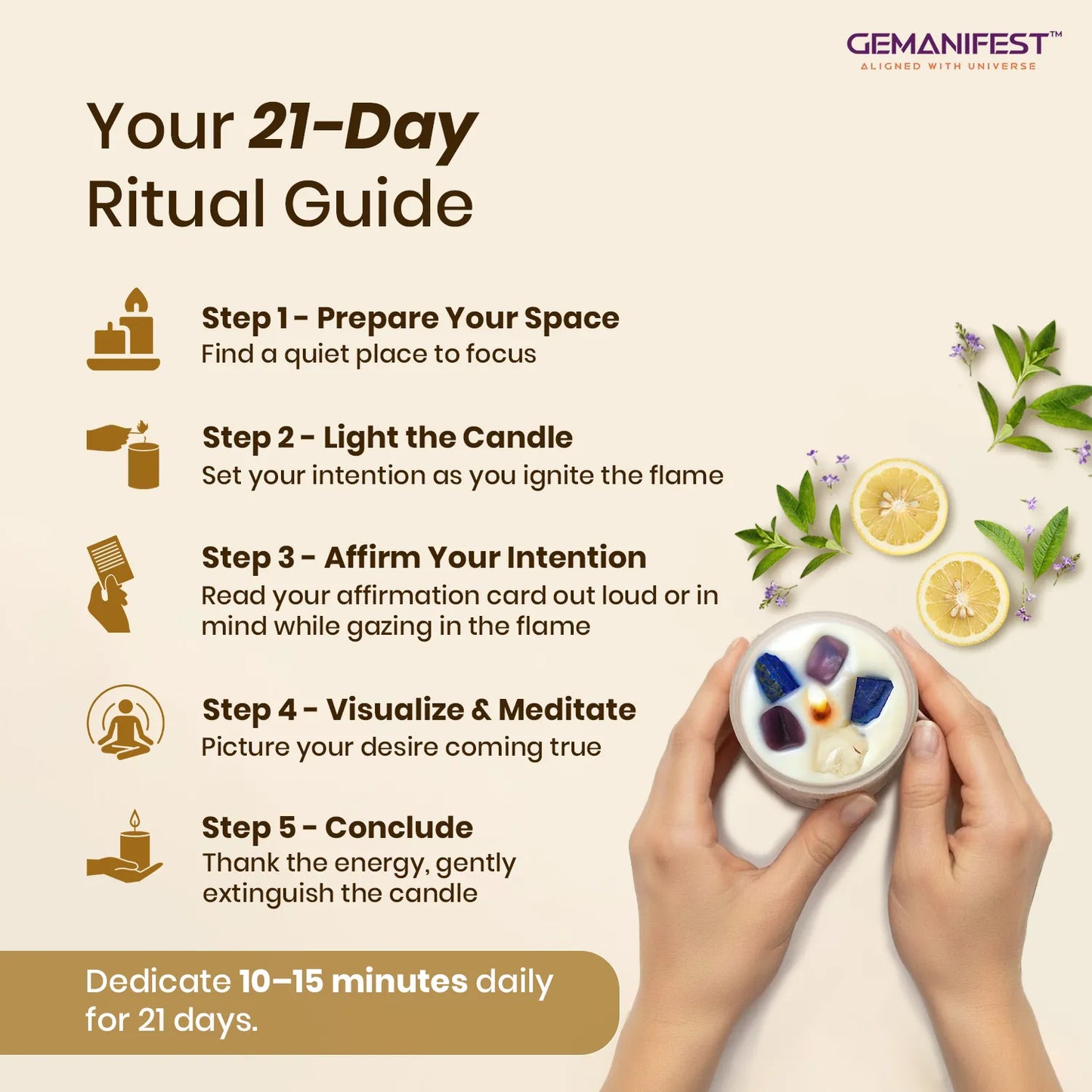 21-Day Ritual Guide with candle and hands holding it, featuring GEMANIFEST branding.