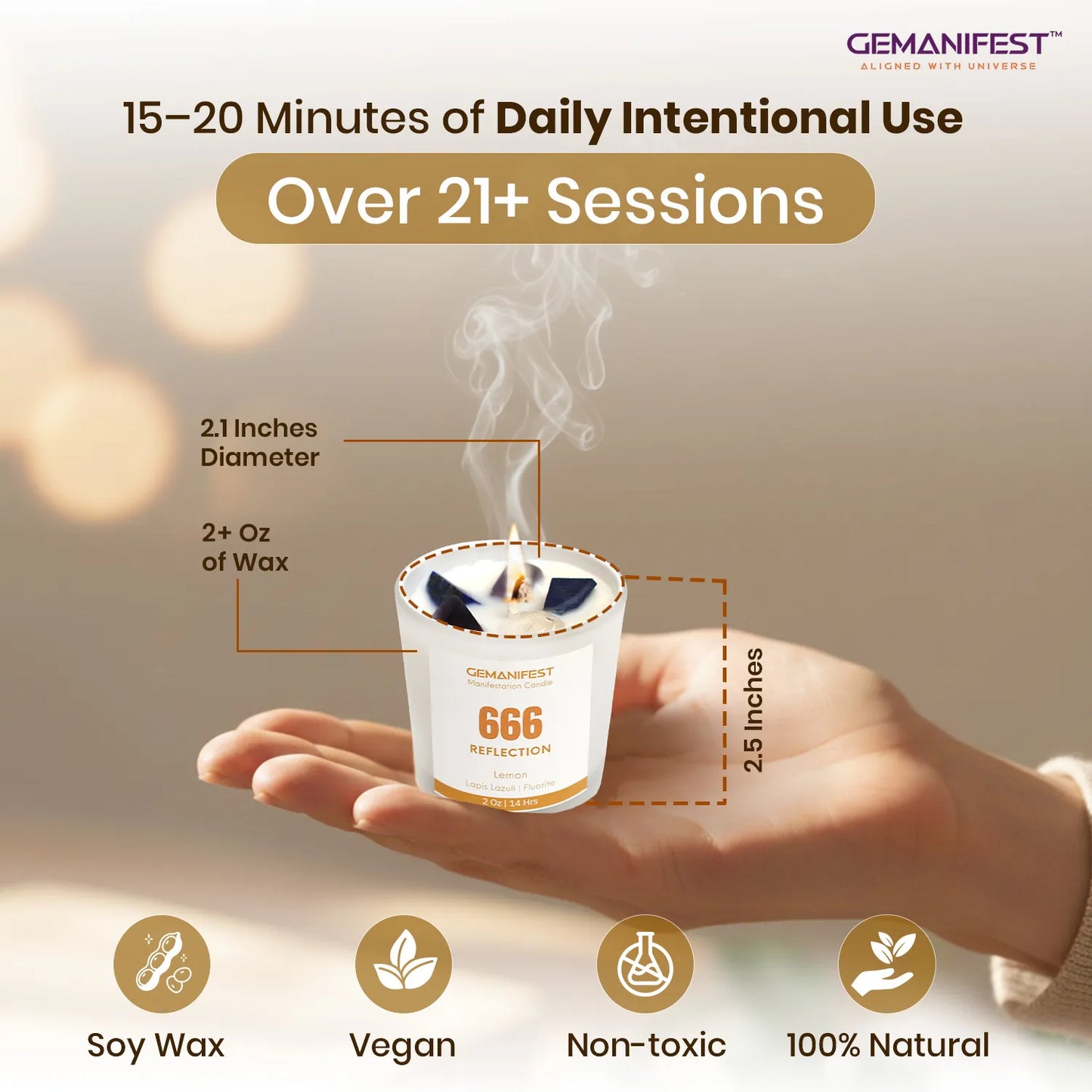 Gemanifest candle held in a hand with product details and brand name.