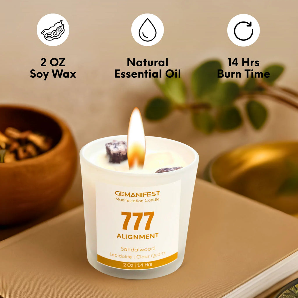 Gemanifest 777 Alignment candle with product details on a neutral background