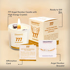 777 Angel Number Candle with High Energy Crystals, GEMANIFEST Manifestation Candle, Box, Affirmation Card, and Angel Number Bracelet on a beige background.