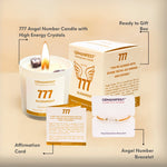 777 Angel Number Candle with High Energy Crystals, GEMANIFEST Manifestation Candle, Box, Affirmation Card, and Angel Number Bracelet on a beige background.