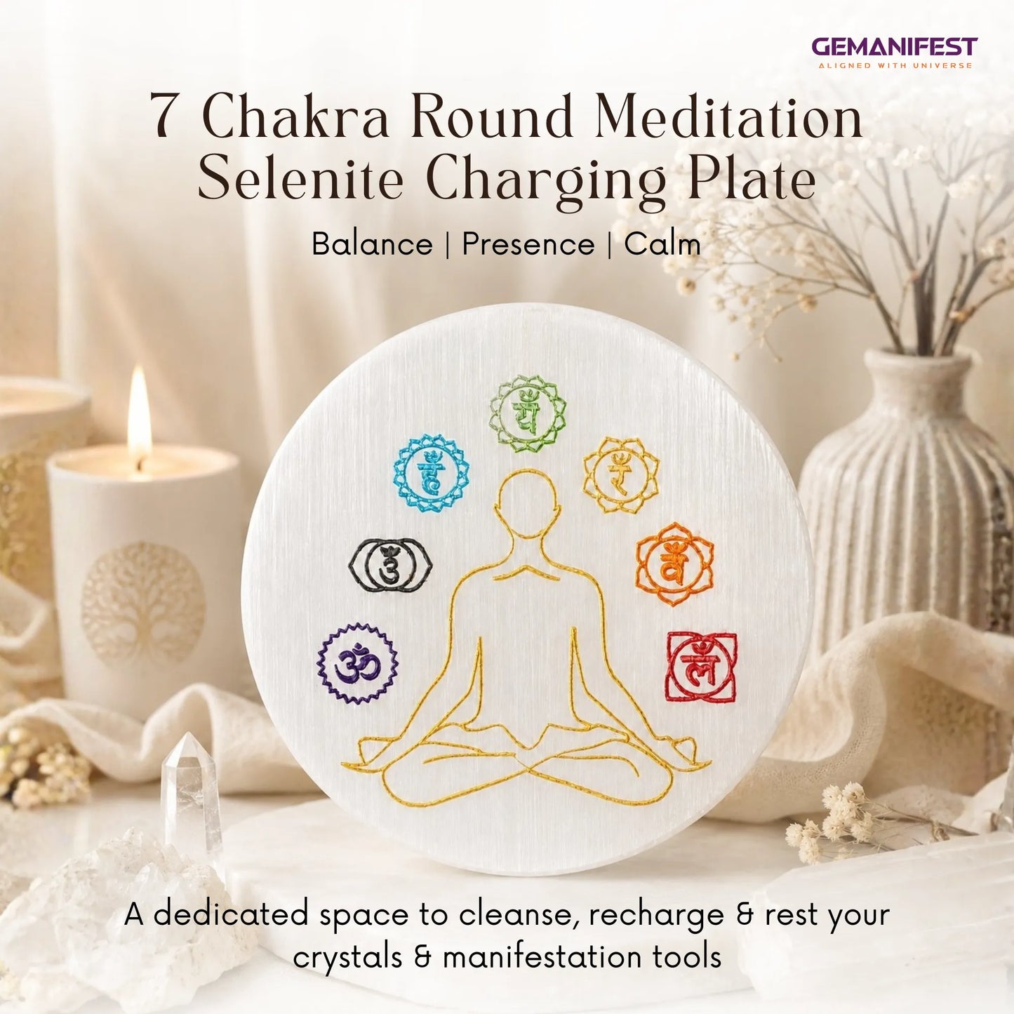 7 Chakra Meditation Selenite Charging Plate for Balance