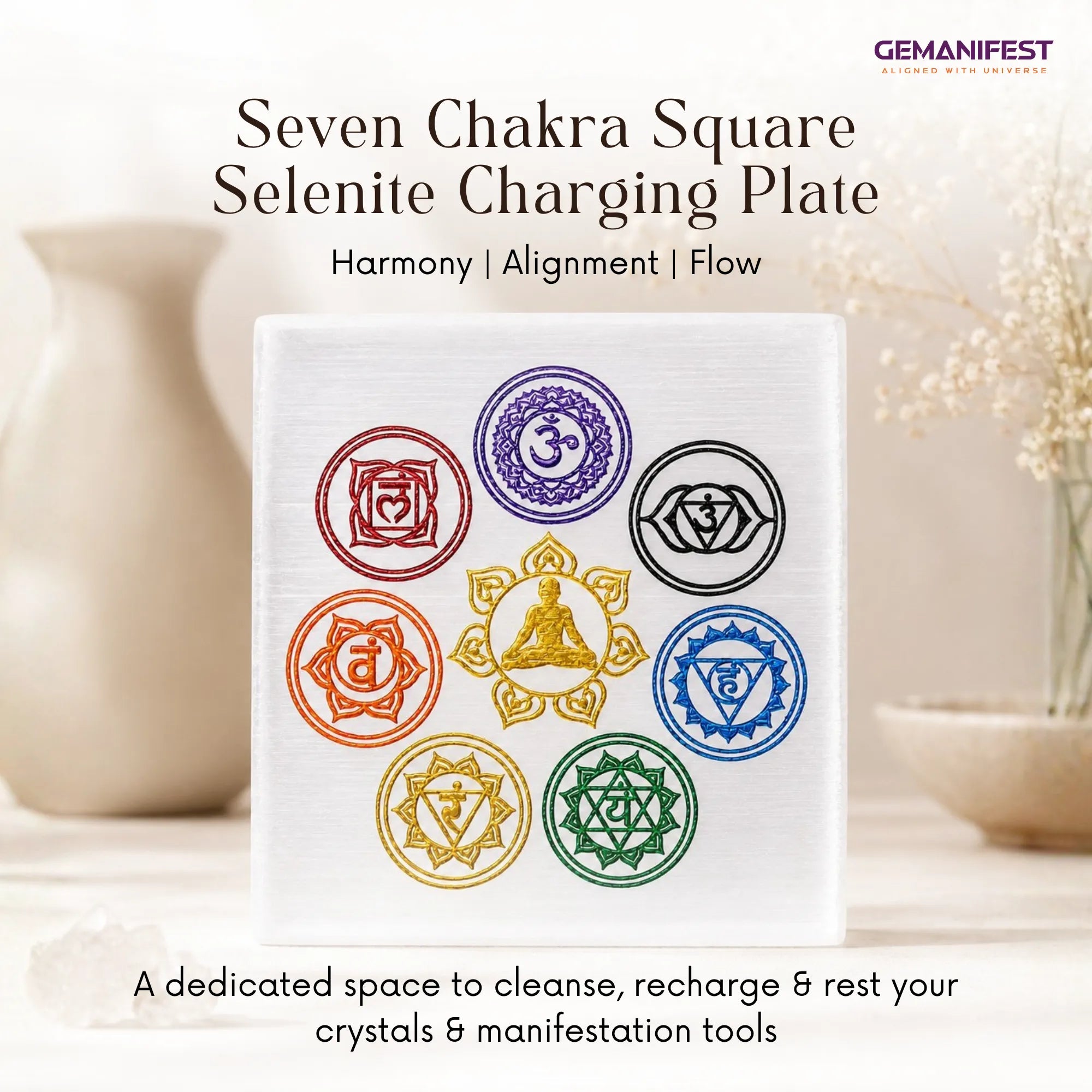 Seven Chakra Sqaure Selenite Charging Plate for Energy Harmony