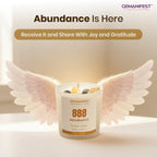 Gemanifest 888 Abundance candle with product details on a neutral background