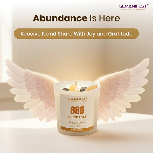 Gemanifest 888 Angel Number Candle set with packaging, candle, bracelet, and affirmation card on a beige background.