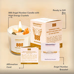 Gemanifest 888 Angel Number Candle set with packaging, candle, bracelet, and affirmation card on a beige background.