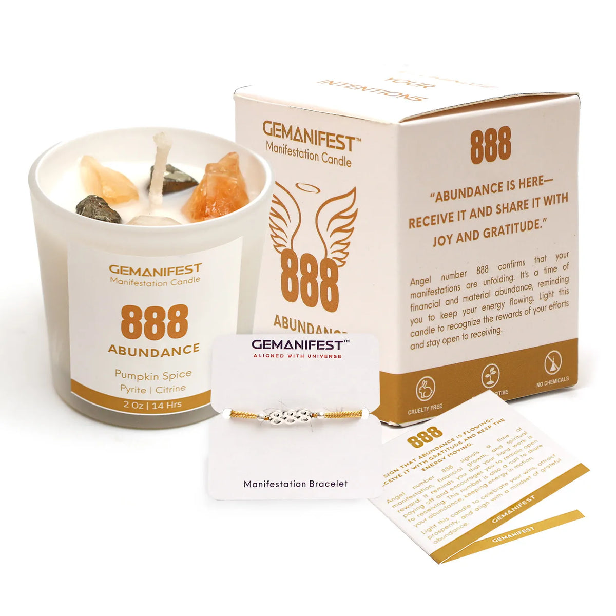 Gemanifest 888 Angel Number Candle set with packaging, candle, bracelet, and affirmation card on a beige background.