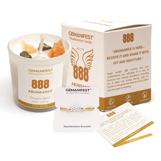 Gemanifest 888 Angel Number Candle set with packaging, candle, bracelet, and affirmation card on a beige background.