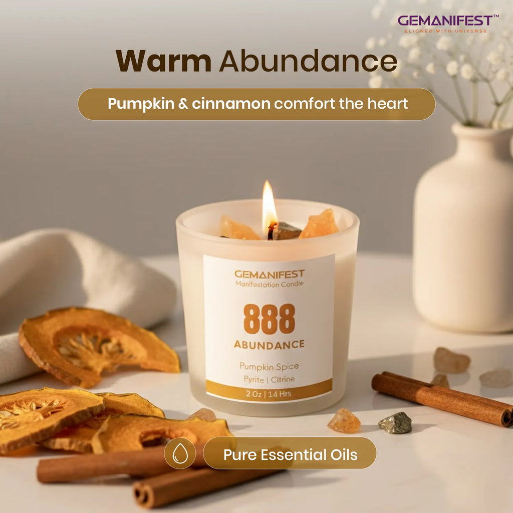 Angel Number Candle '888 Abundance' held by two hands with a blurred background - Gift Ready