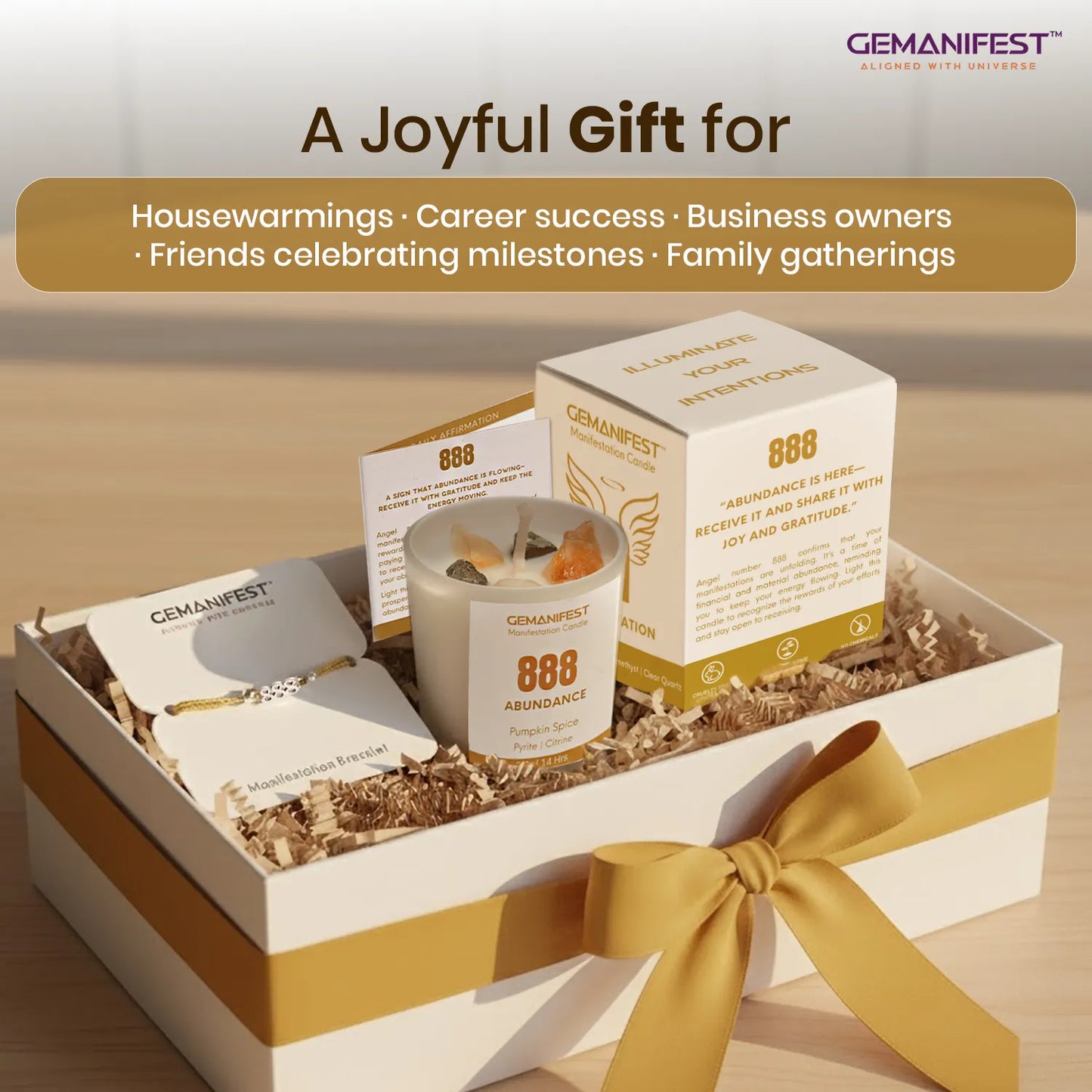 Gift set with candles and cards in a box, featuring GEMANIFEST branding.