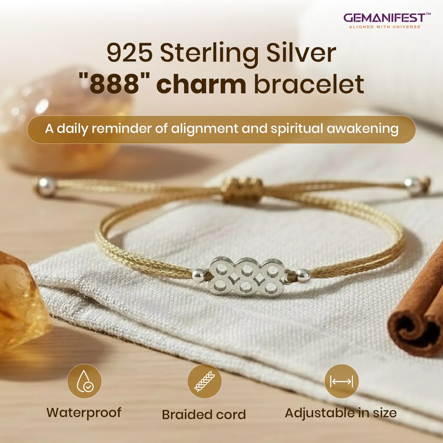 925 Sterling Silver '888' charm bracelet on a white fabric background with GEMANIFEST branding.