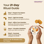 21-Day Ritual Guide with steps for preparing a space, lighting a candle, affirming intentions, visualizing, and concluding.