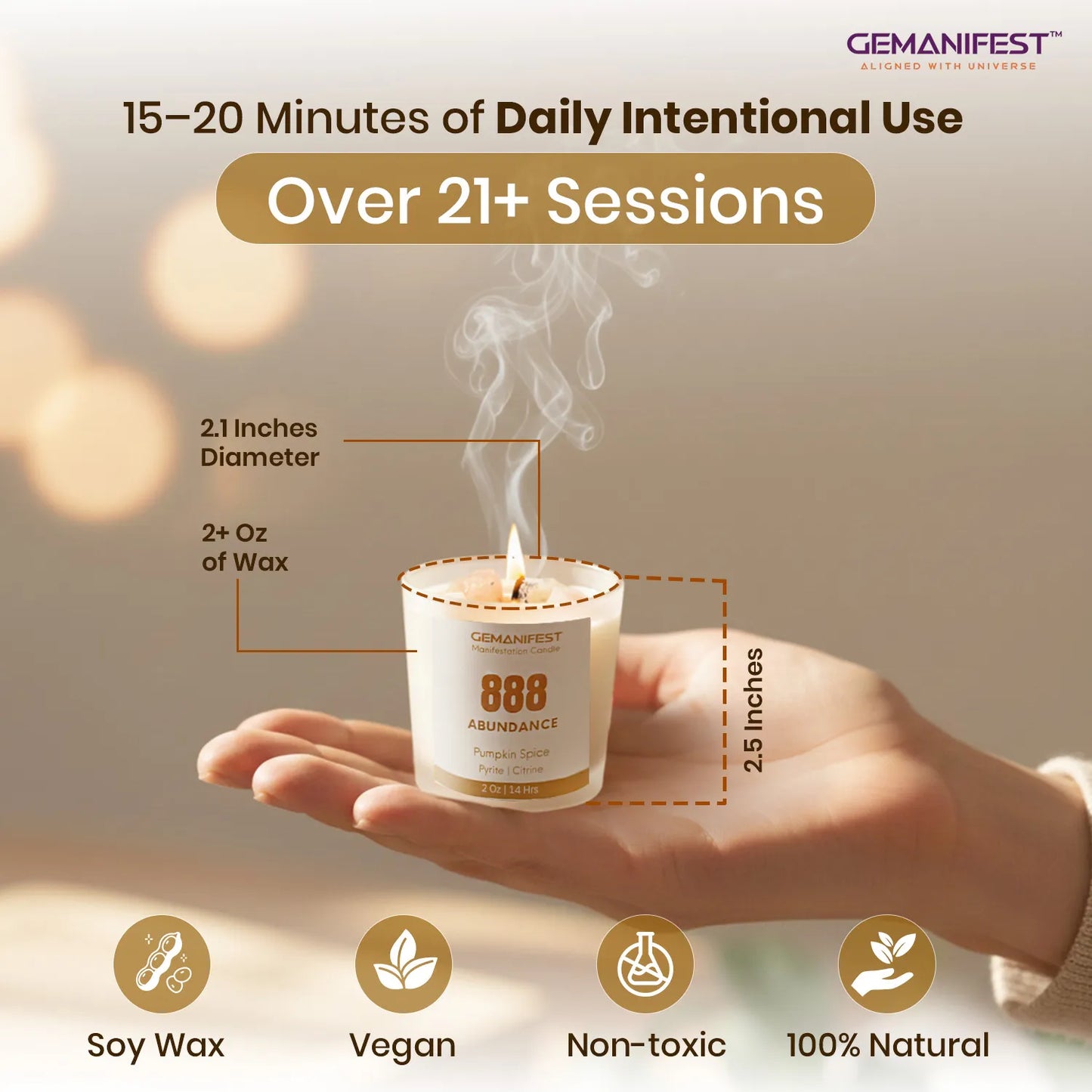 GEMANIFEST candle held in a hand with product details and branding.