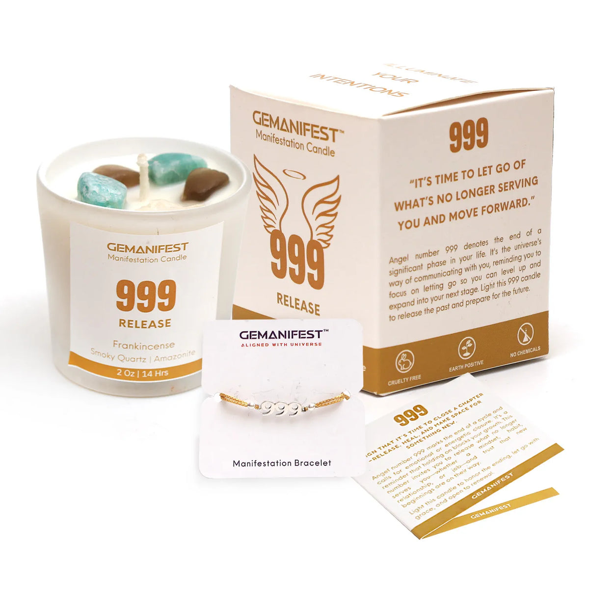 Gemanifest candle features - 2 oz soy wax, natural essential oil, and 14-hour burn time on a neutral background.