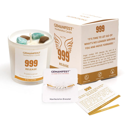 Gemanifest candle features - 2 oz soy wax, natural essential oil, and 14-hour burn time on a neutral background.