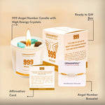 Gemanifest 999 Angel Number Candle set with packaging, candle, bracelet, and affirmation card on a beige background.