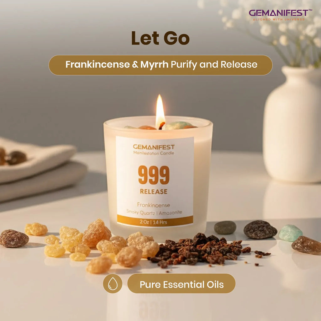 '999 Angel Number Candle' held by two hands with a blurred background to show gifting aspect of it