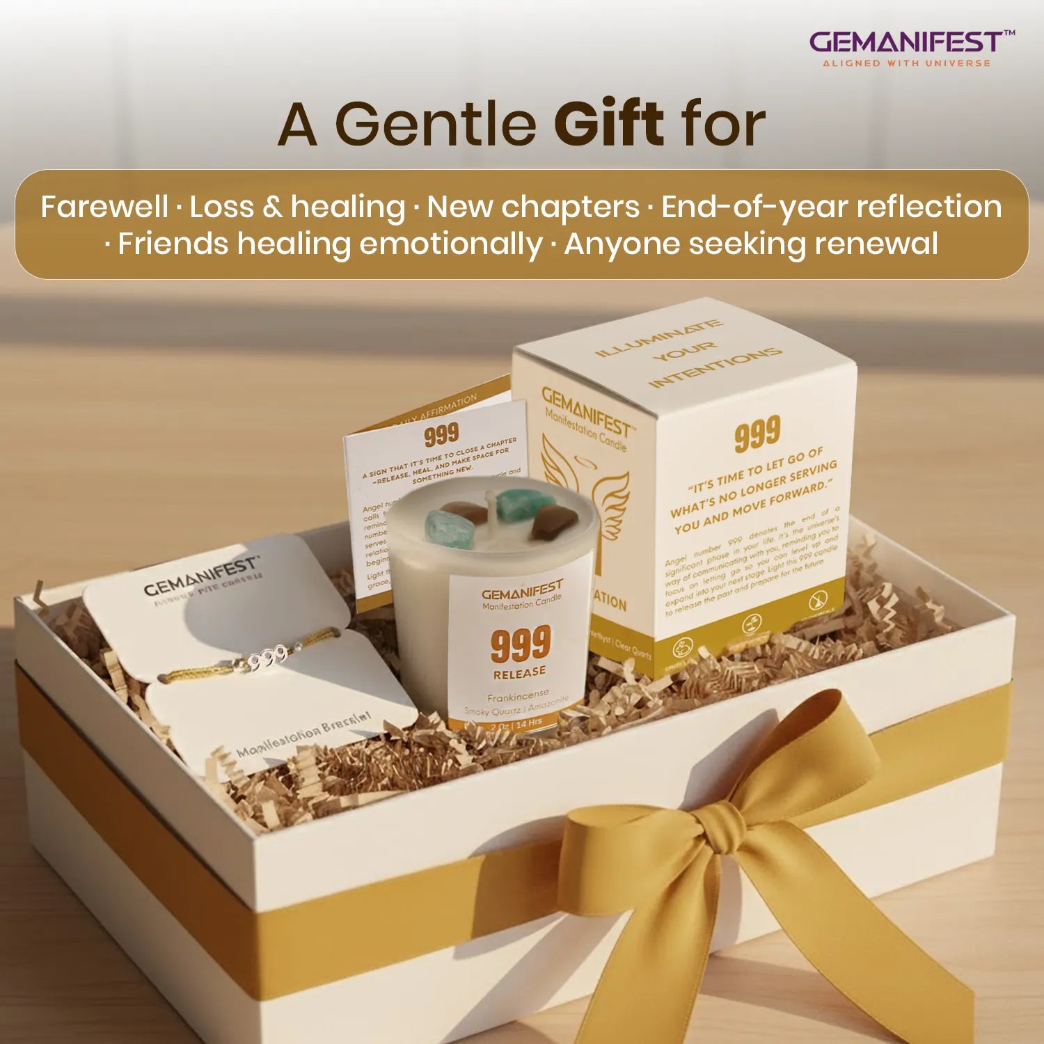 GEMANIFEST gift set with candles, cards, and a bracelet in a decorative box on a wooden surface.