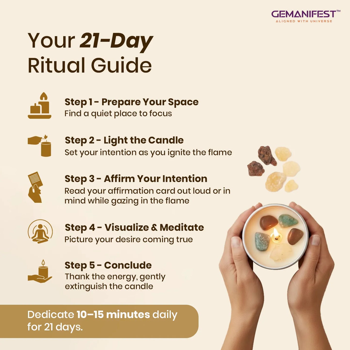 21-Day Ritual Guide with hands holding a candle and GEMANIFEST branding.