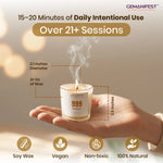 Gemanifest candle held in a hand with product details and branding.