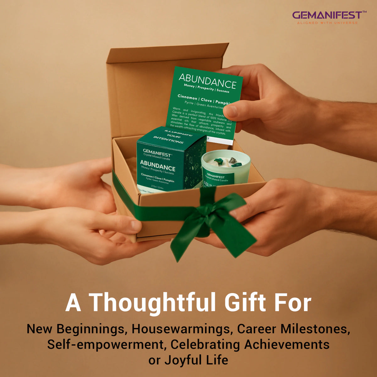 Abundance Candle gift box set being exchanged, ideal for new beginnings, housewarmings, career milestones, and celebrations