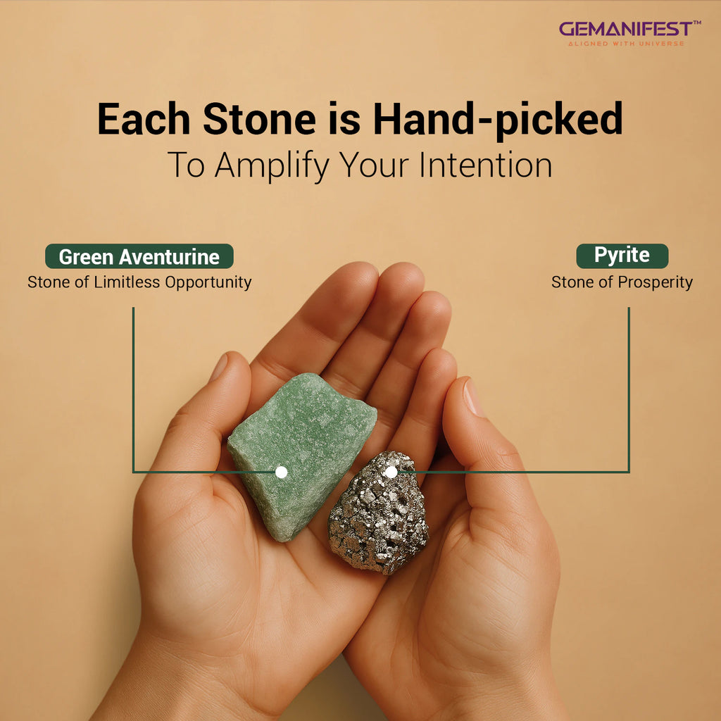 Hand holding a green aventurine and pyrite stone with text about hand-picked stones by Gemanifest.