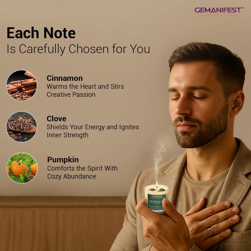 Hand holding Green Aventurine and Pyrite gemstones, stones of opportunity and prosperity, included with Abundance Candle