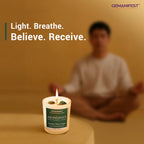 Gemanifest candle with a person meditating in the background