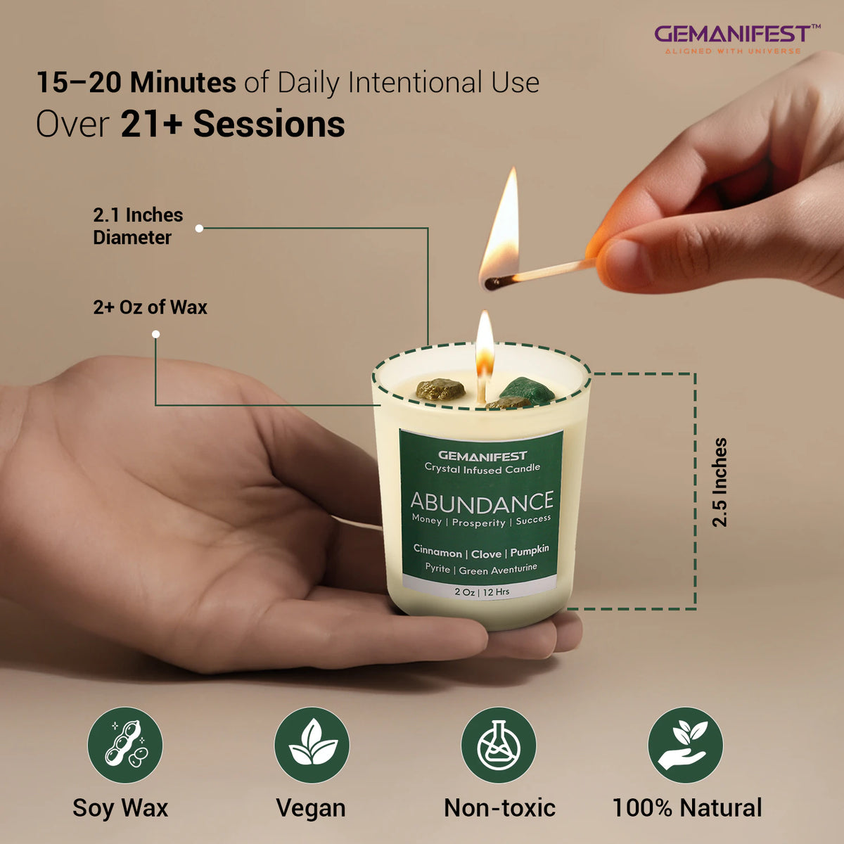 Abundance Candle size guide showing diameter, height, soy wax, vegan, non-toxic, 100% natural