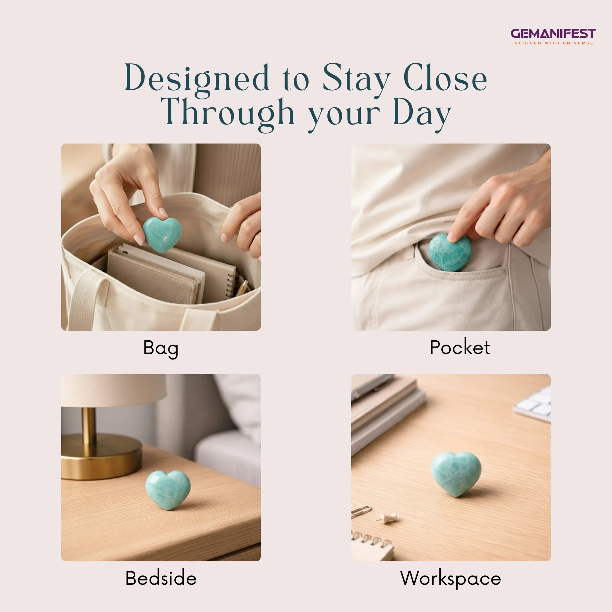 Amazonite heart-shaped being used in various settings with 'GEMANIFEST' branding.