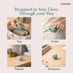 Amazonite heart-shaped being used in various settings with 'GEMANIFEST' branding.
