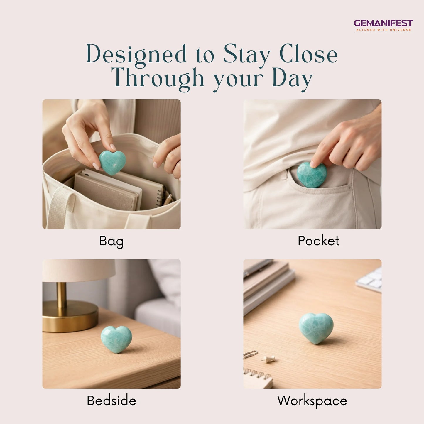 Amazonite heart-shaped being used in various settings with 'GEMANIFEST' branding.