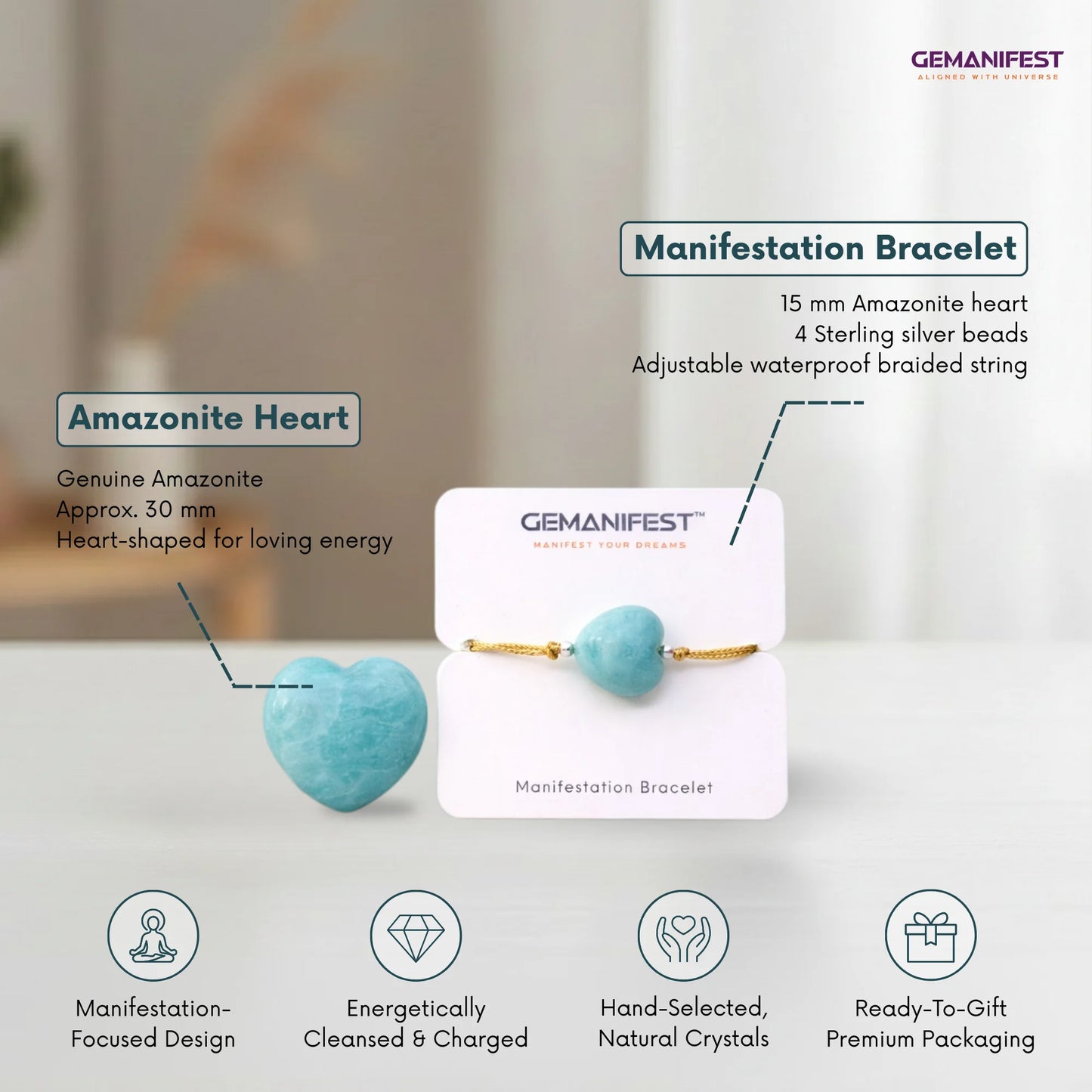 Gemanifest Manifestation Bracelet with Amazonite Heart on a white background