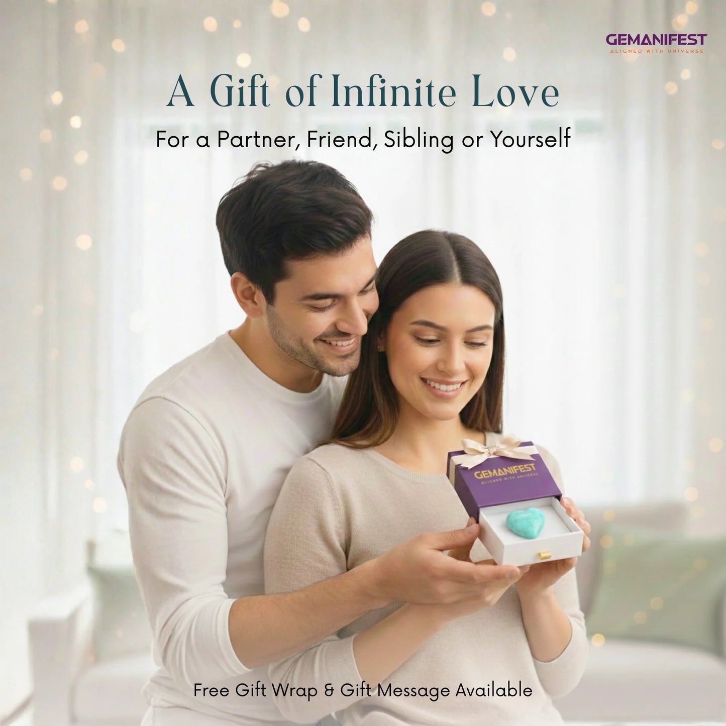 Couple holding a GEMANIFEST product with a soft focus background