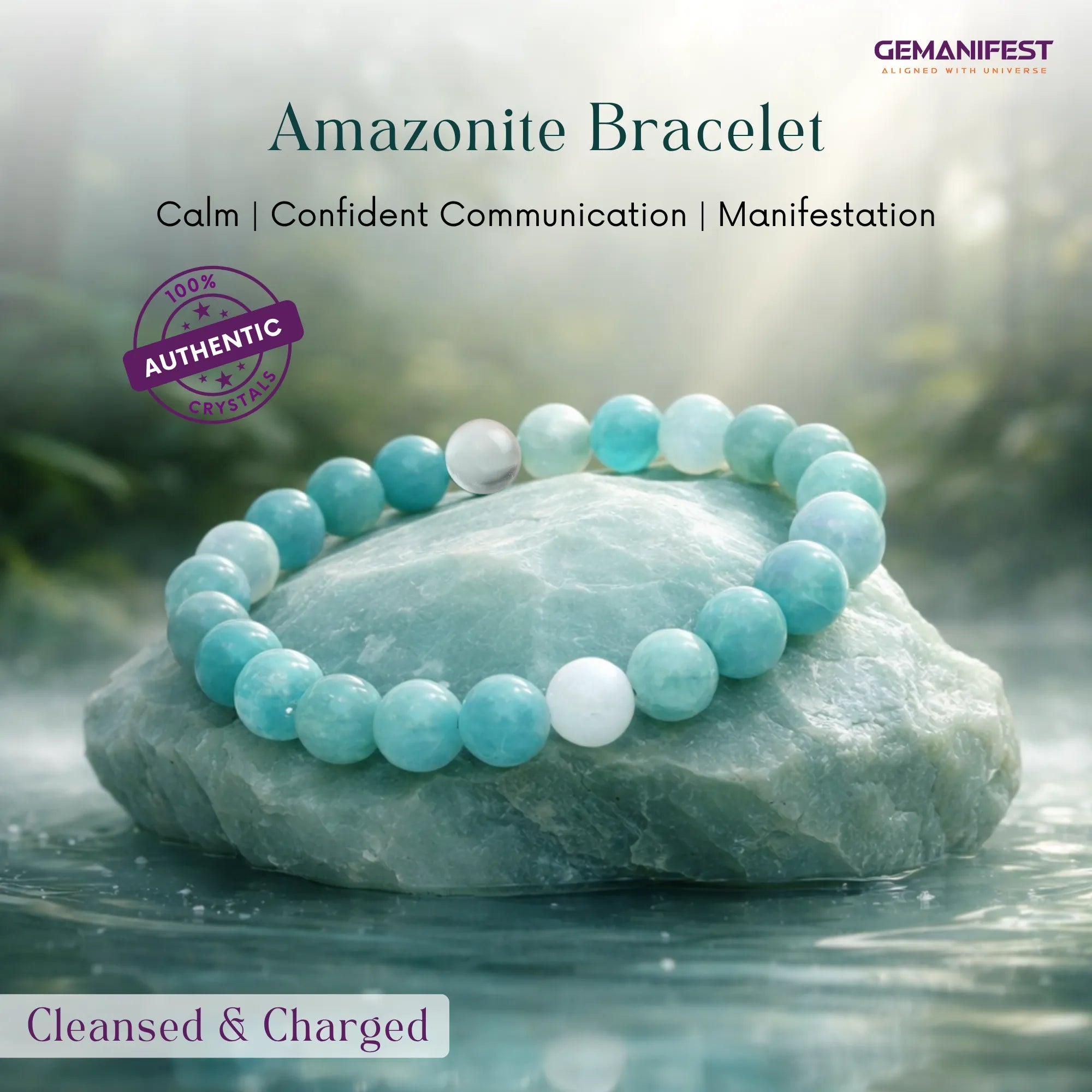 Amazonite bracelet on a stone with 'GEMANIFEST' branding and text about benefits.