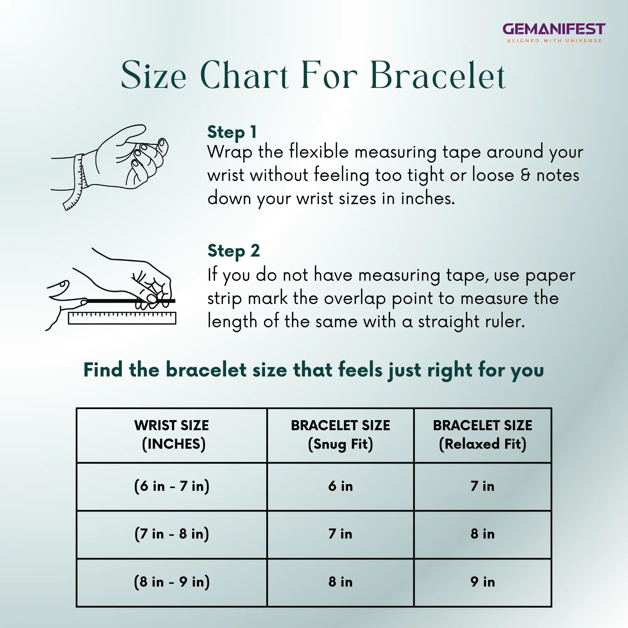 Size chart for bracelet with measurement instructions and Gemanifest branding.
