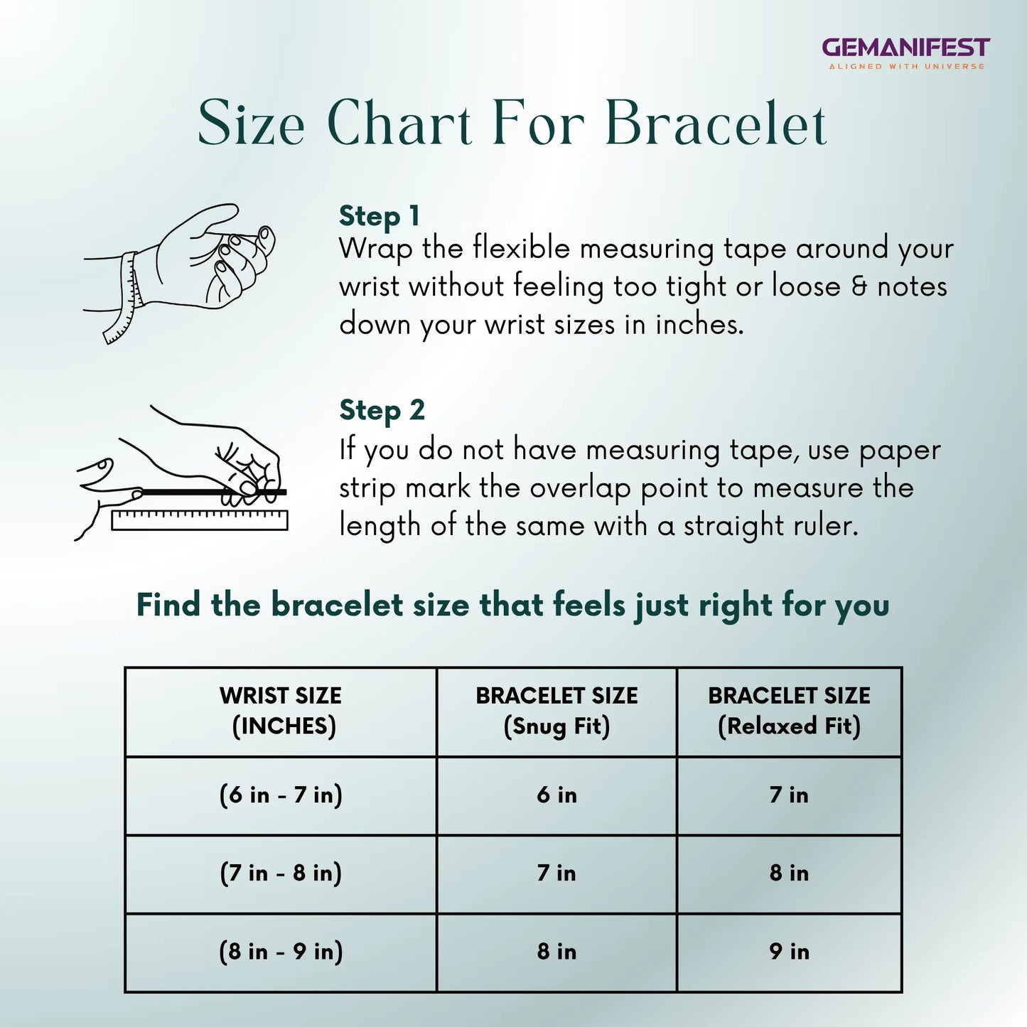 Size chart for bracelet with measurement instructions and Gemanifest branding.