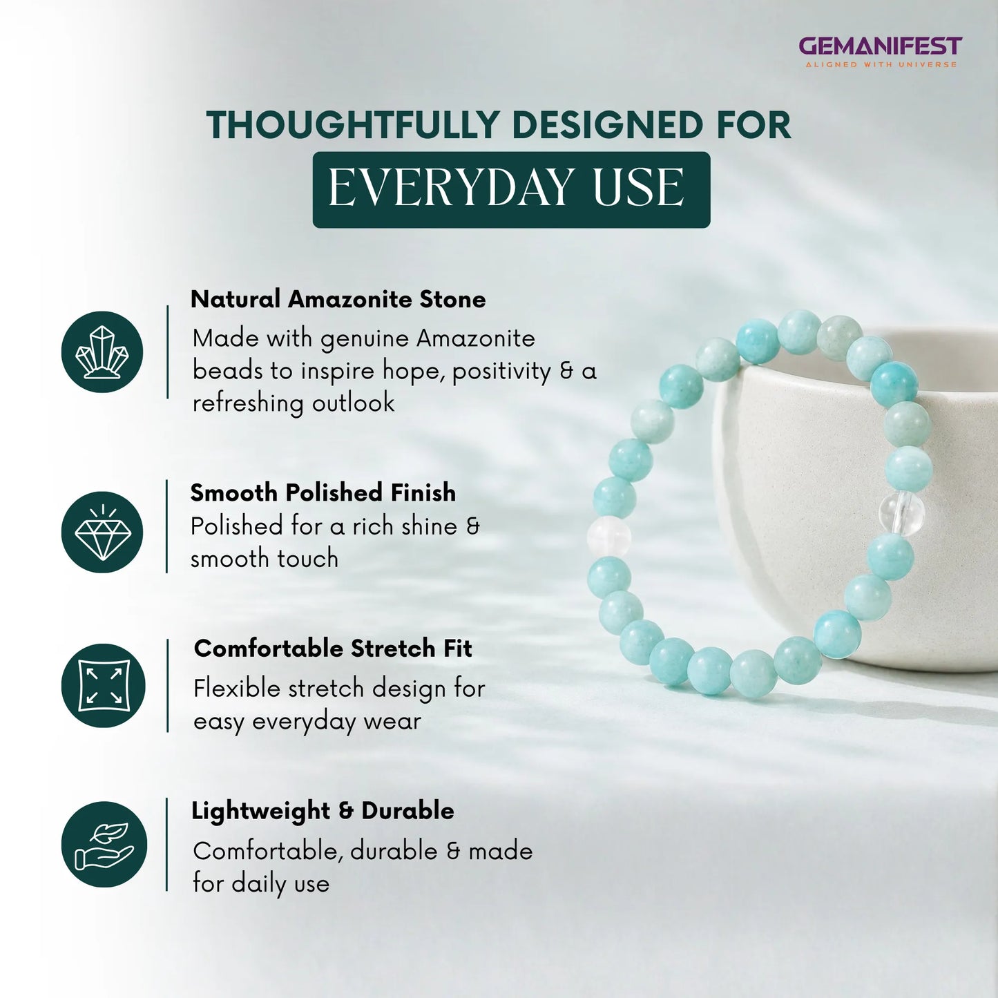 Teal beaded bracelet with product features on a white background, featuring the brand 'GEMANIFEST'.