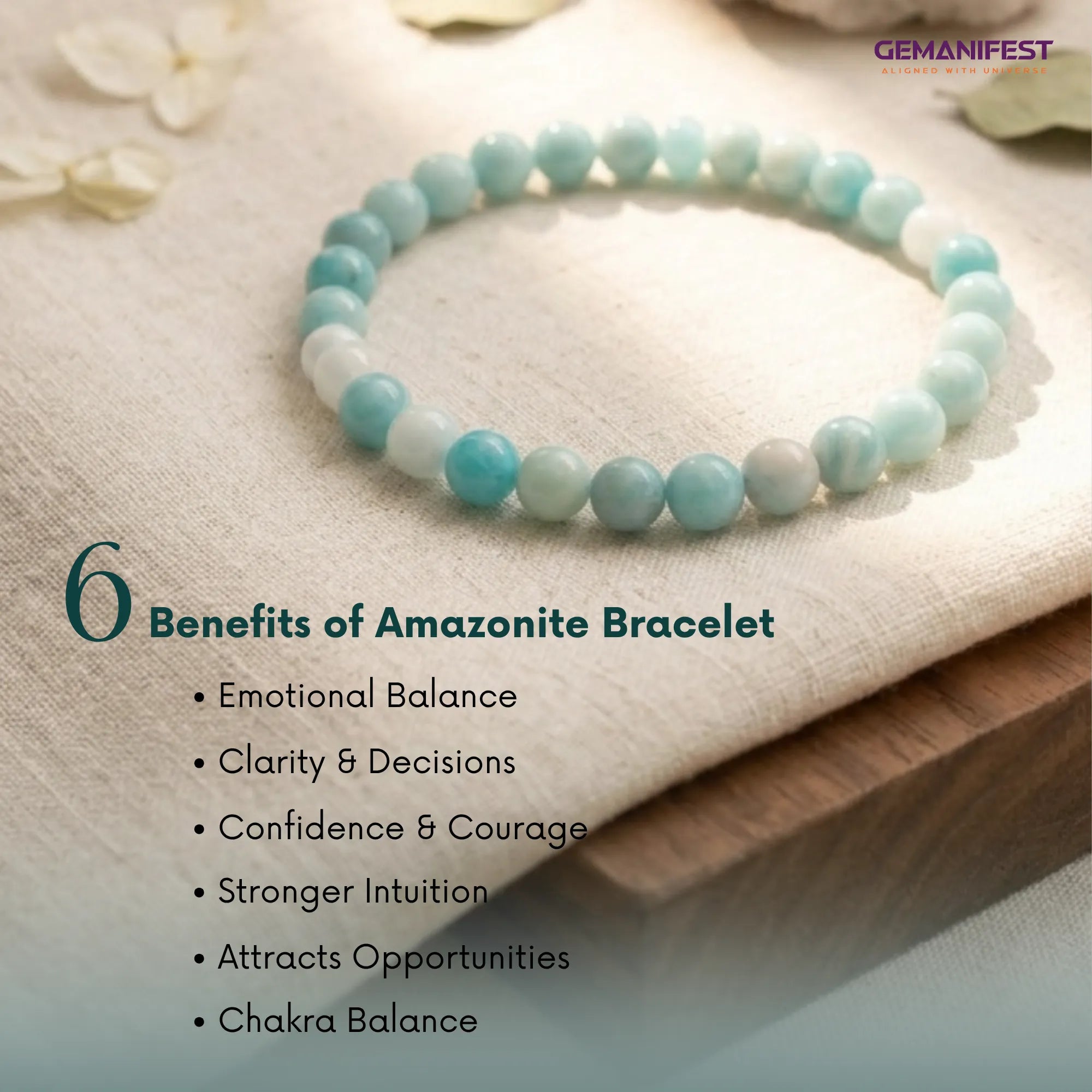 Amazonite bracelet on a fabric surface with text listing benefits of the bracelet.