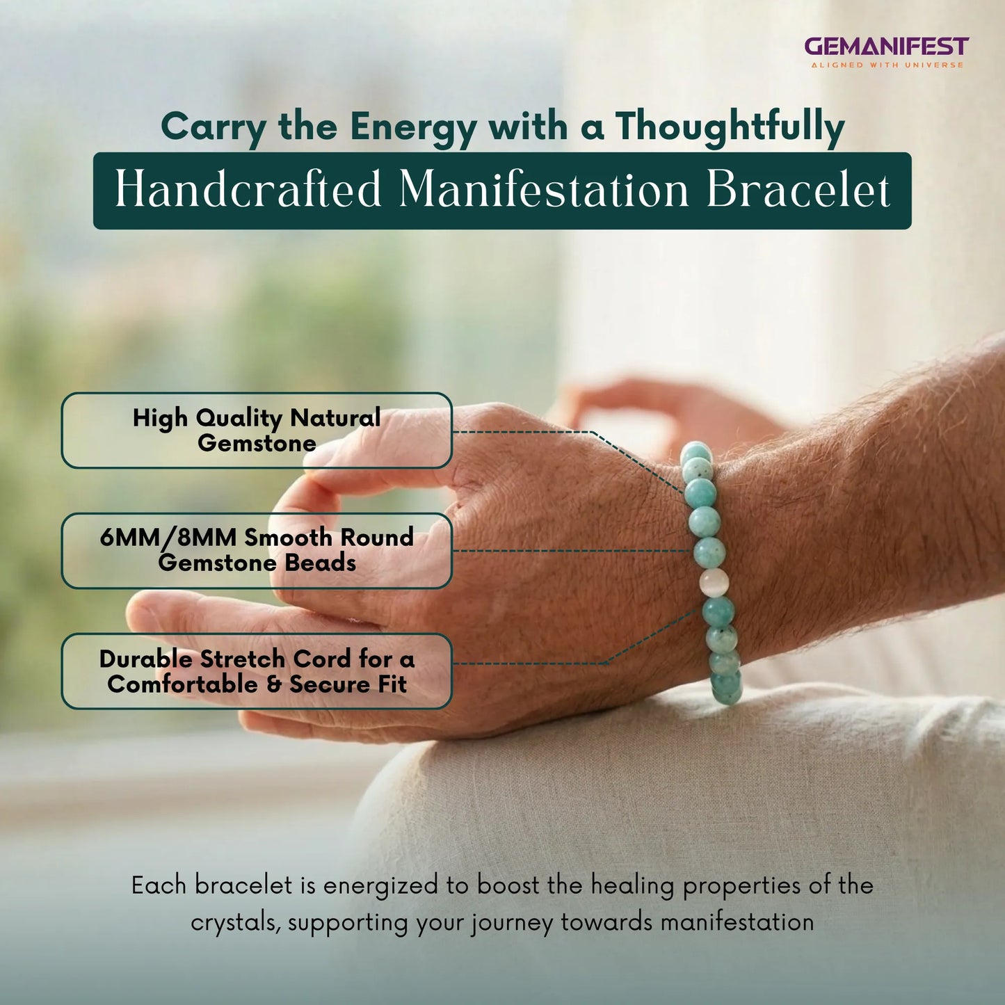 Hand wearing a turquoise gemstone bracelet with product features highlighted, branded 'GEMANIFEST'.