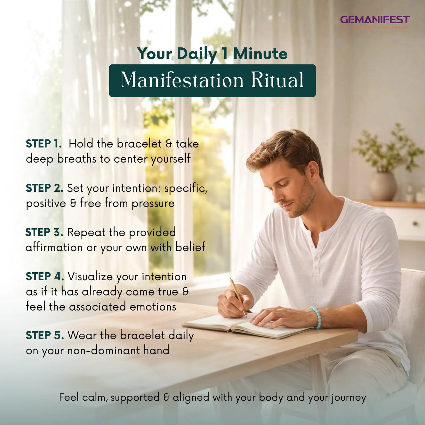 Man writing in a notebook with a 'Your Daily 1 Minute Manifestation Ritual' text overlay.